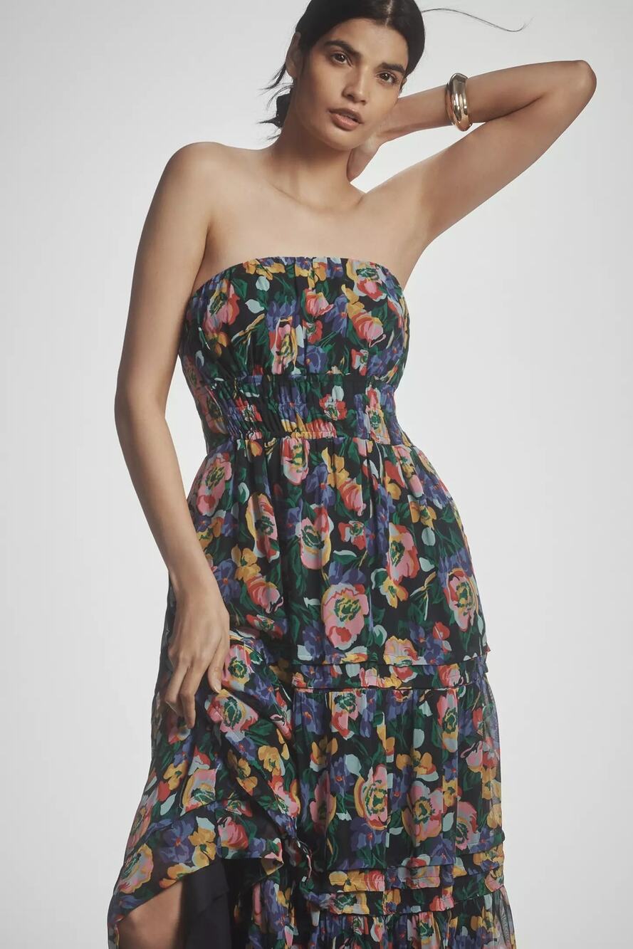 New Anthropologie The Somerset Strapless Maxi Dress $178 Small Blue Floral